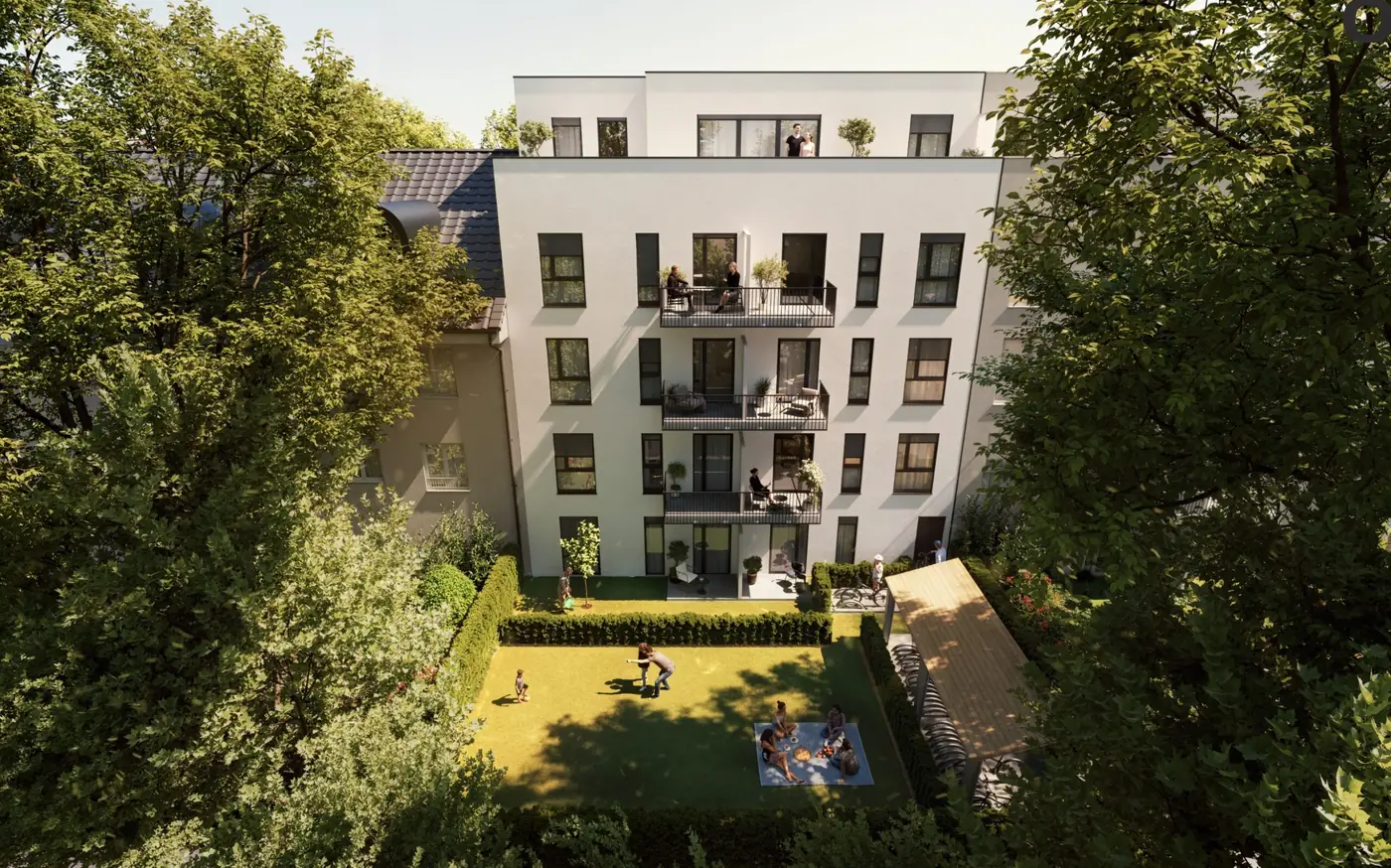 Lutteroth Lofts, Gartenseite mit Balkonen und Gemeinschaftsgarten